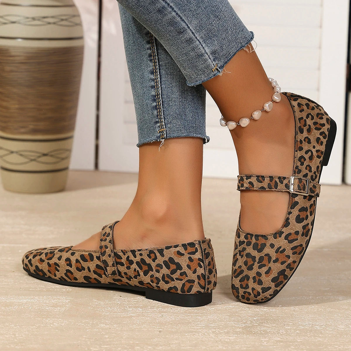 Leopard Print Suede Square Toe Low Heel Shoes for Women