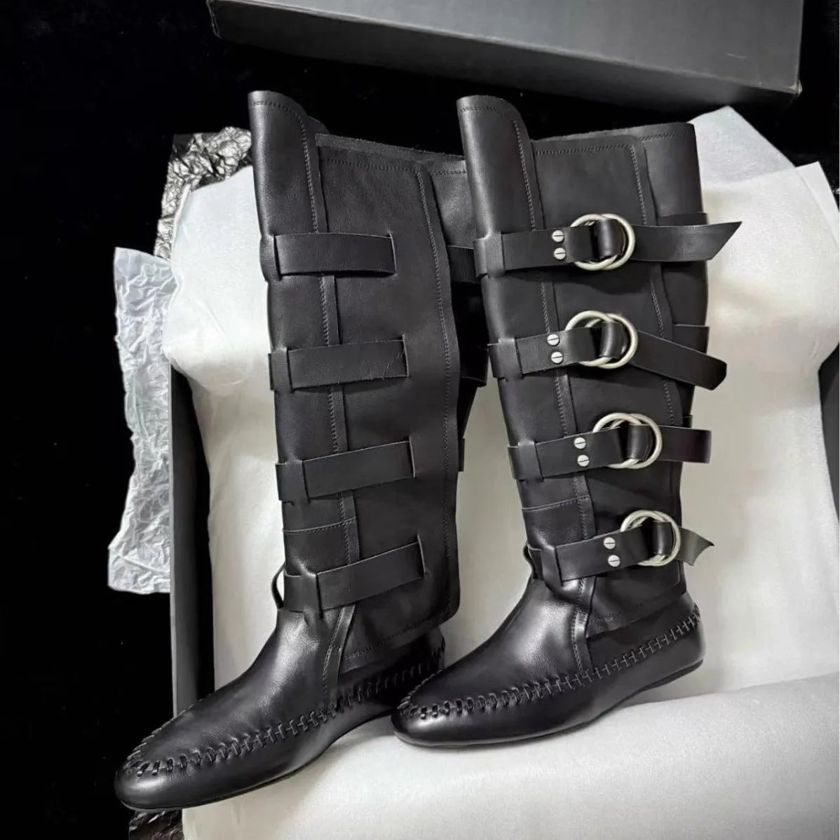 Flat Bottom Real Leather Mid Calf Boots With Metal Buckle For Women
