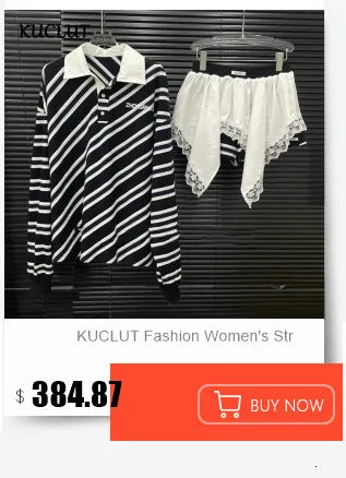 KUCLUT 2025 Autumn New Fashion Striped Contrast Color Zipper Jacket Elastic Waist Pleated Skirt Two-pieces Set For Women 1A1217