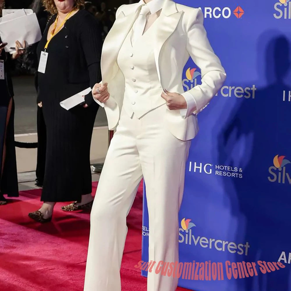White Satin Lapel Tailored Three Piece Suit Set For Women