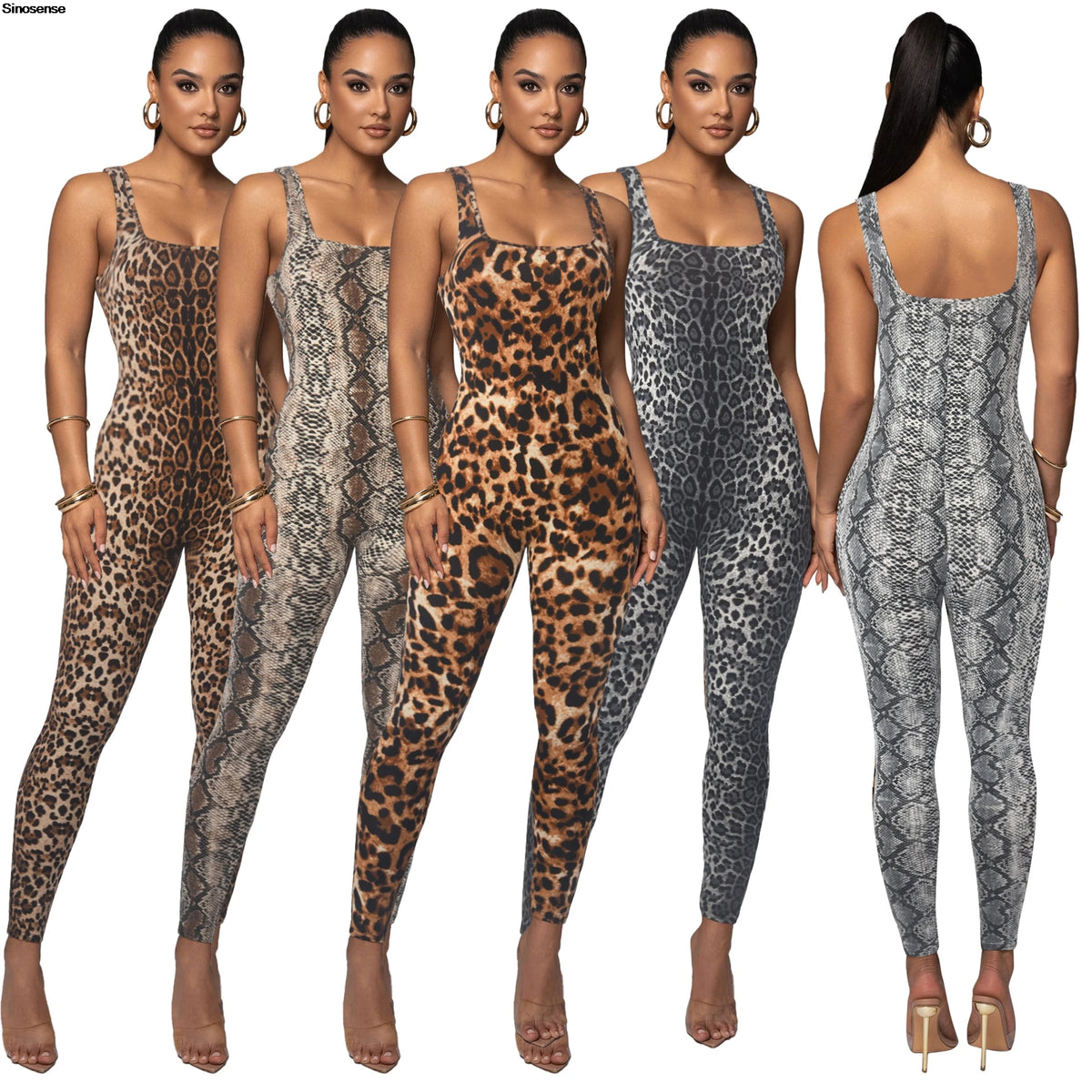 Leopard Print Sleeveless Bodycon Jumpsuit for Women