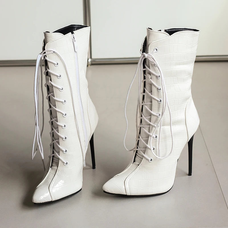 Alligator Pattern Lace Up Stiletto Ankle Boots for Women