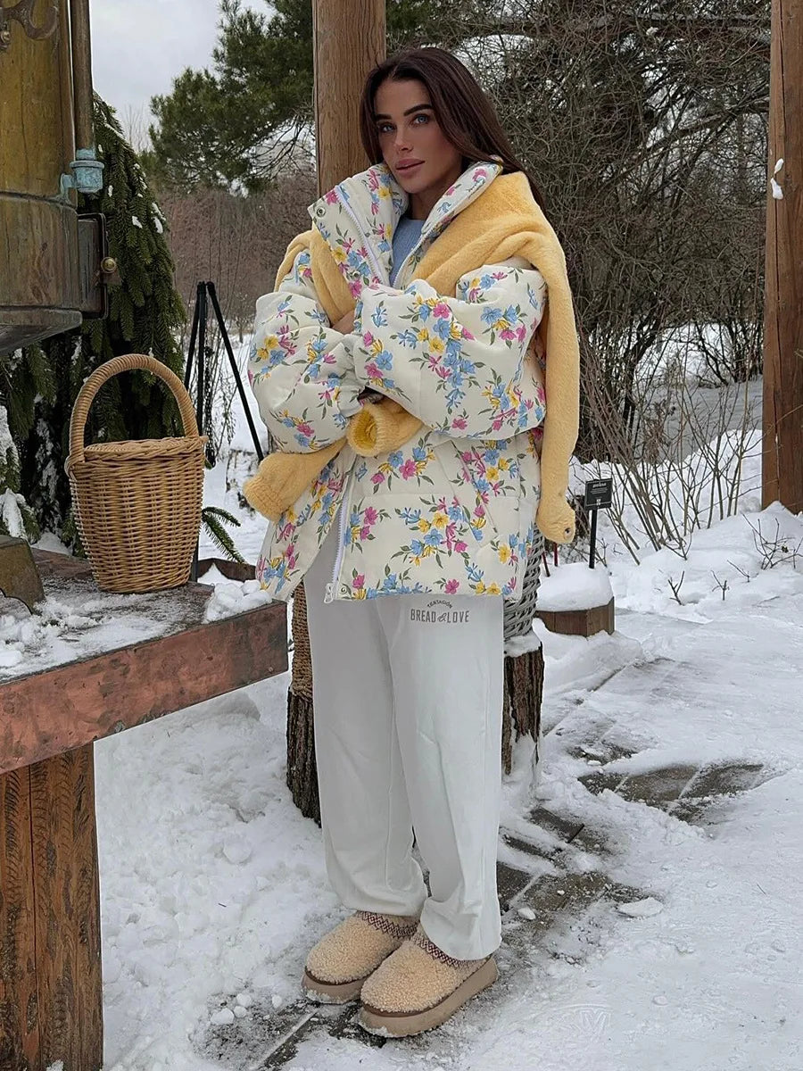 Floral Print Oversized Stand Collar Puffer Jacket For Women
