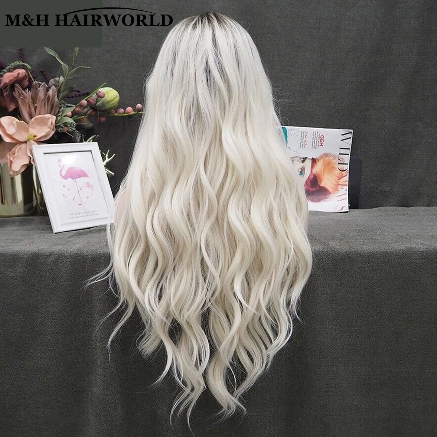 13X3 Glueless Frontal Lace Wigs For Women Long Wavy Synthetic Hair Lace Front Wigs Ombre Platinum Blonde Heat Resistant Hair Wig