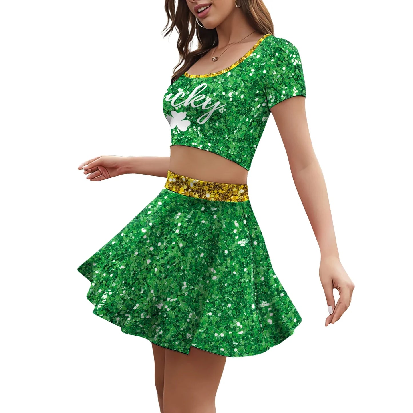 Festive Irish Green Shamrock Plaid Knit Skirt Set for Women