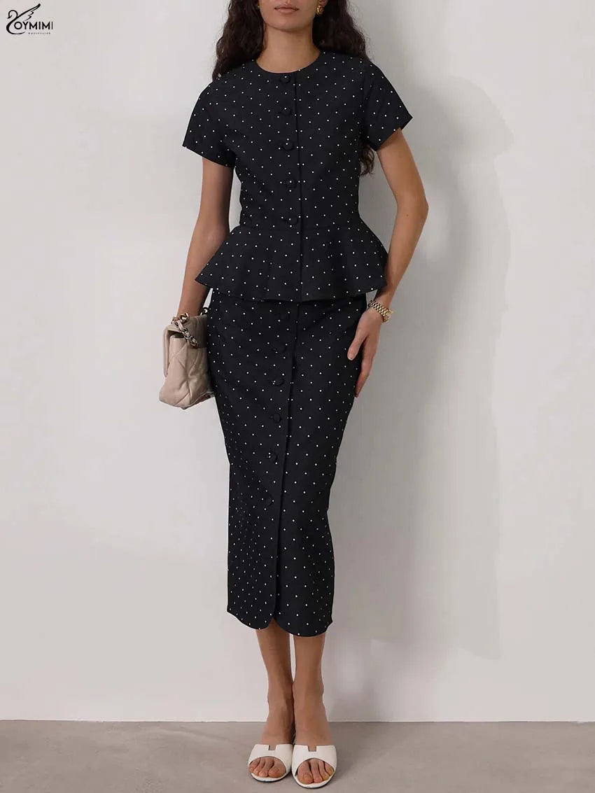 Oymimi Fashion Black Print Two Piece Outfits Woman Elegant Short Sleeve Button Blouses And High Waisted Slim Mid-Calf Skirt Sets