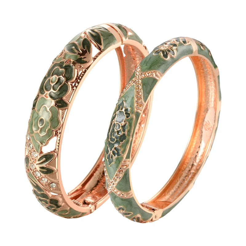Floral Enamel Double Bangle Bracelet Set