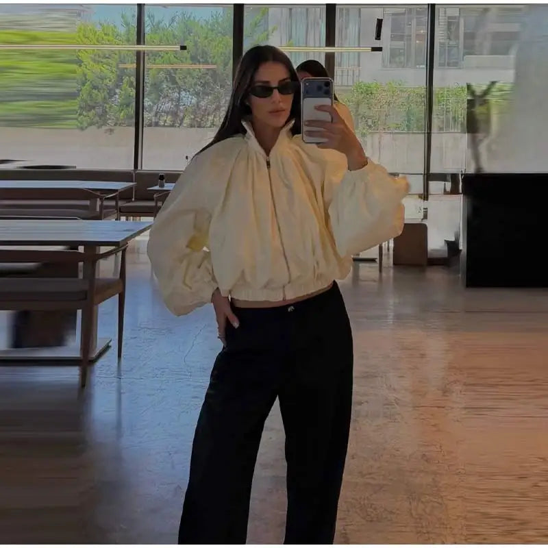 Zip Up High Neck Puff Sleeve Cropped Jacket For Women