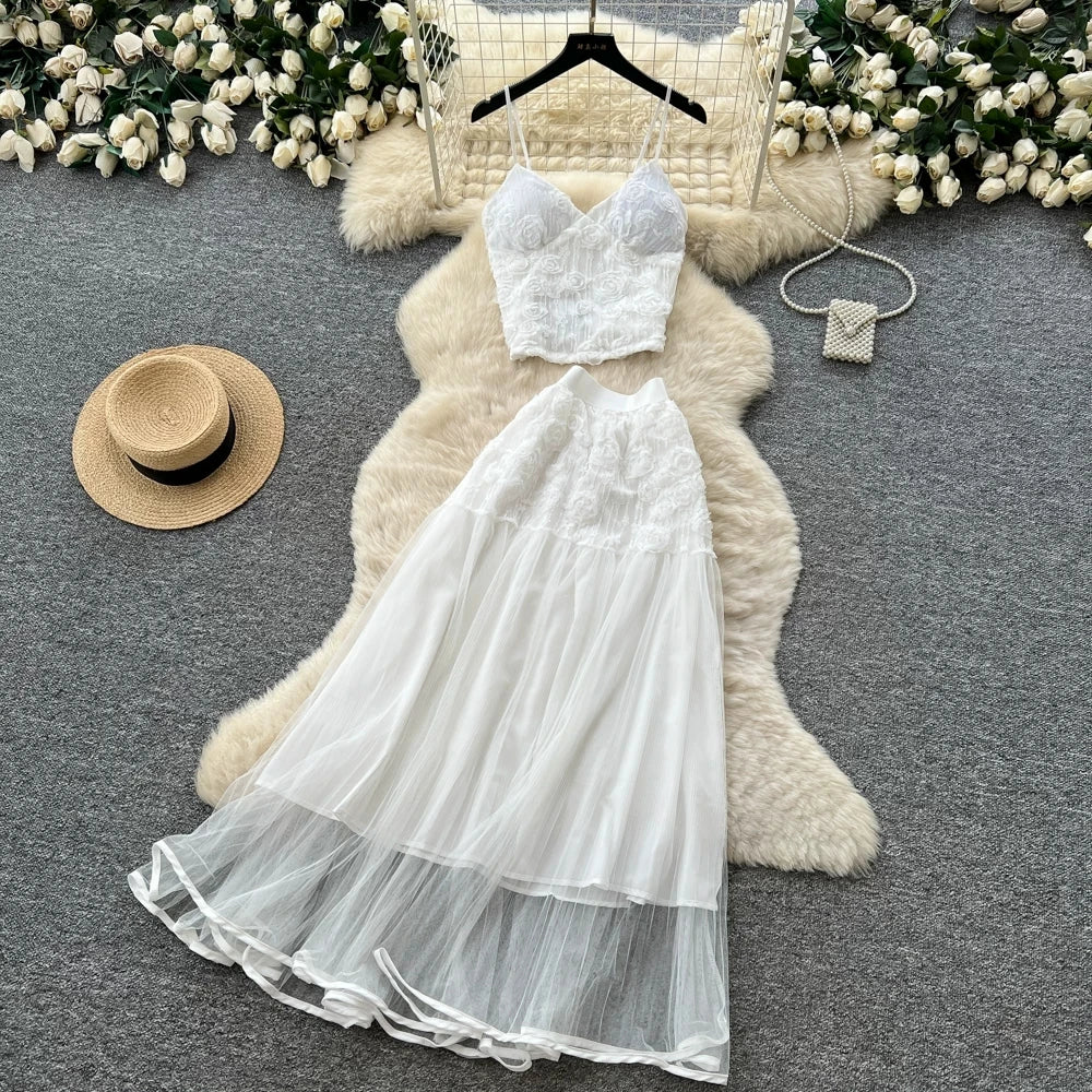 3D Floral Lace Camisole and Pleated Skirt Set for Women