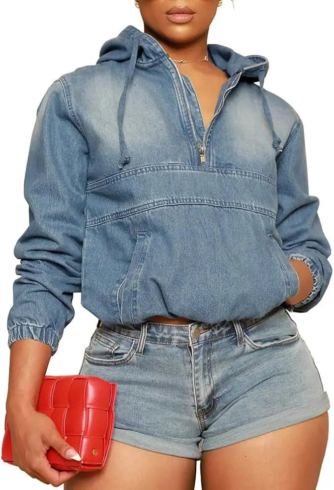 Hooded Denim Pullover Casual Short Jacket for Women