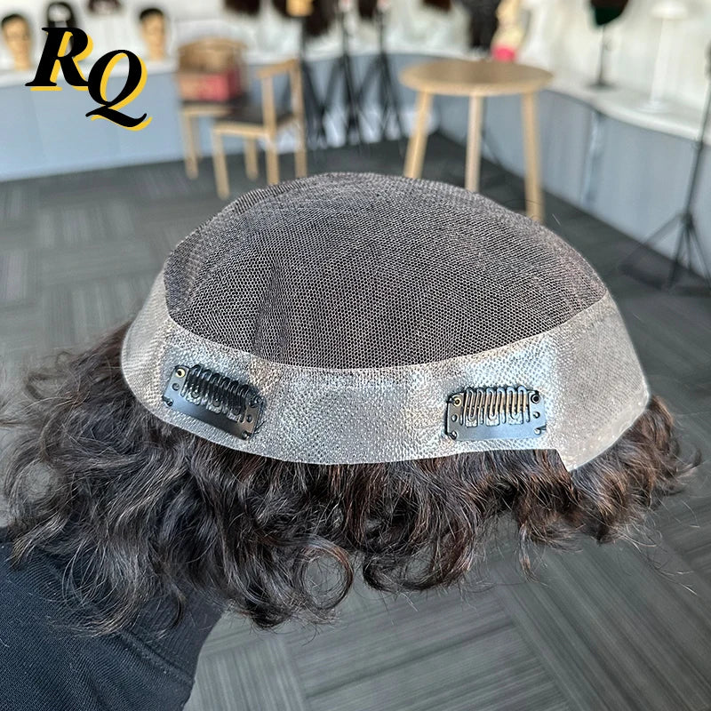 Stylish Curly Pre Cut Remy Human Hair Toupee System For Men