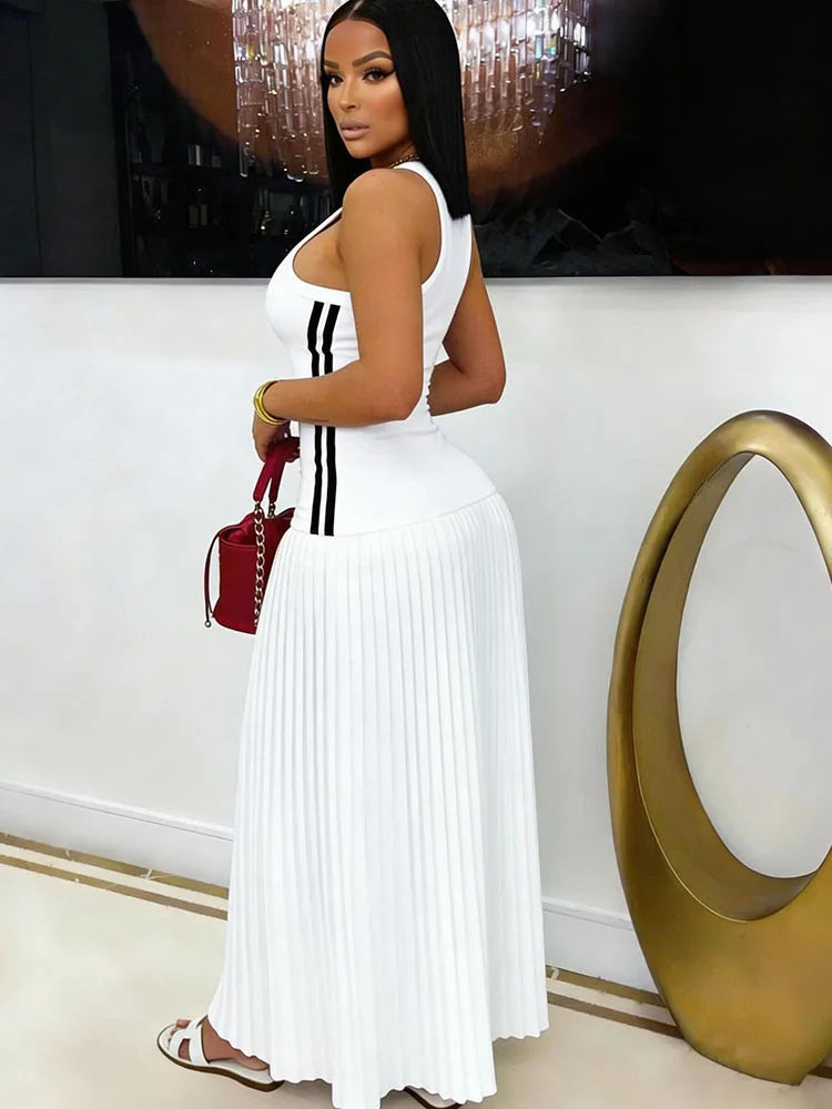 Side Striped Patchwork Pleated Sleeveless A Line Dress for Women