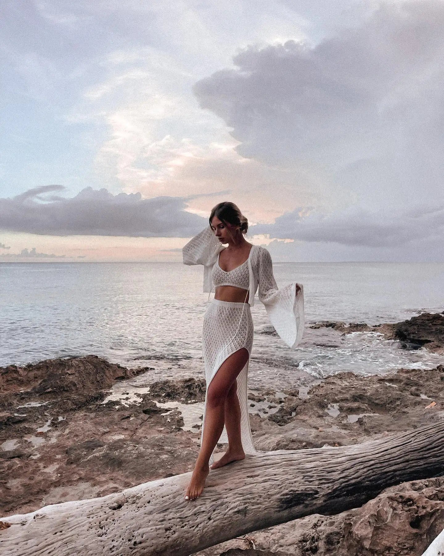 Sexy Knit Set White Cut Out Swimsuit Cover Up 2025 Women's Summer Bell Sleeve Lace-up Loose Top Beach Half Skirt Two-piece K136