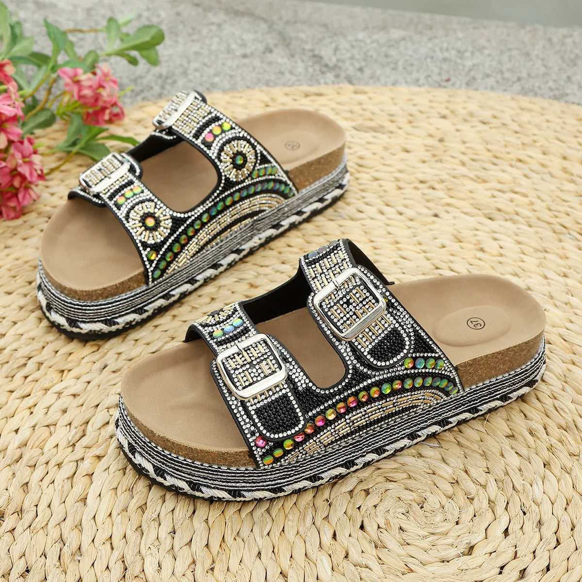 Bohemian Rhinestone Embroidered Platform Sandals For Women