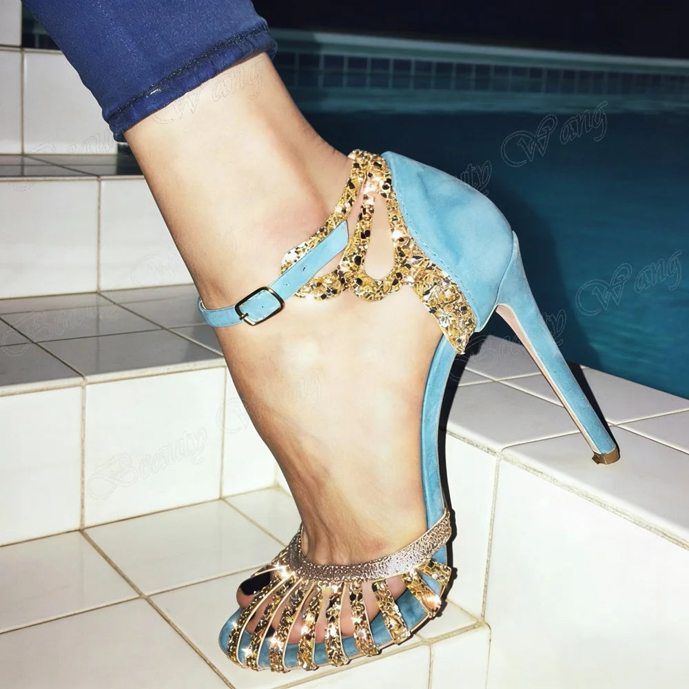Blue Gold Bling Hollow Toe Sandals with Ankle Buckle for Women