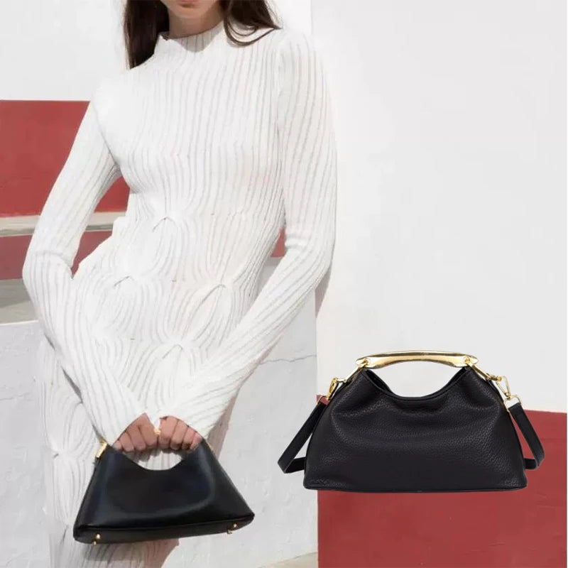 Luxury Texture Women's Bag Lychee Pattern Metal Handle Shoulder Bag Evening Clutch Bag Fashion Designer Half-moon Crossbody Bag