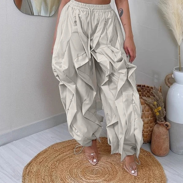FAGADOER Casual Ruched Patchwork Lantern Sleeve Pants Women High Waist Drawstring Patchwork Pants Female Streetwear Trousers New