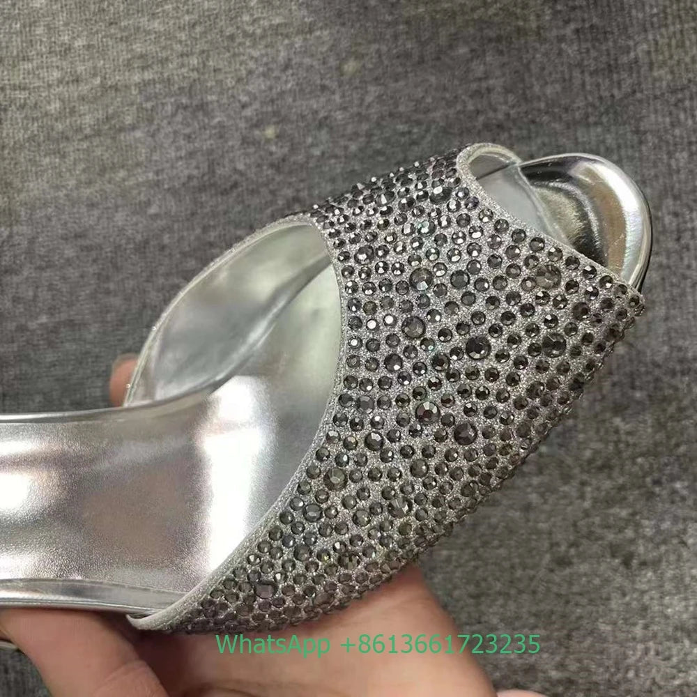 Elegant Rhinestone Peep Toe Stiletto Heel Slides For Women