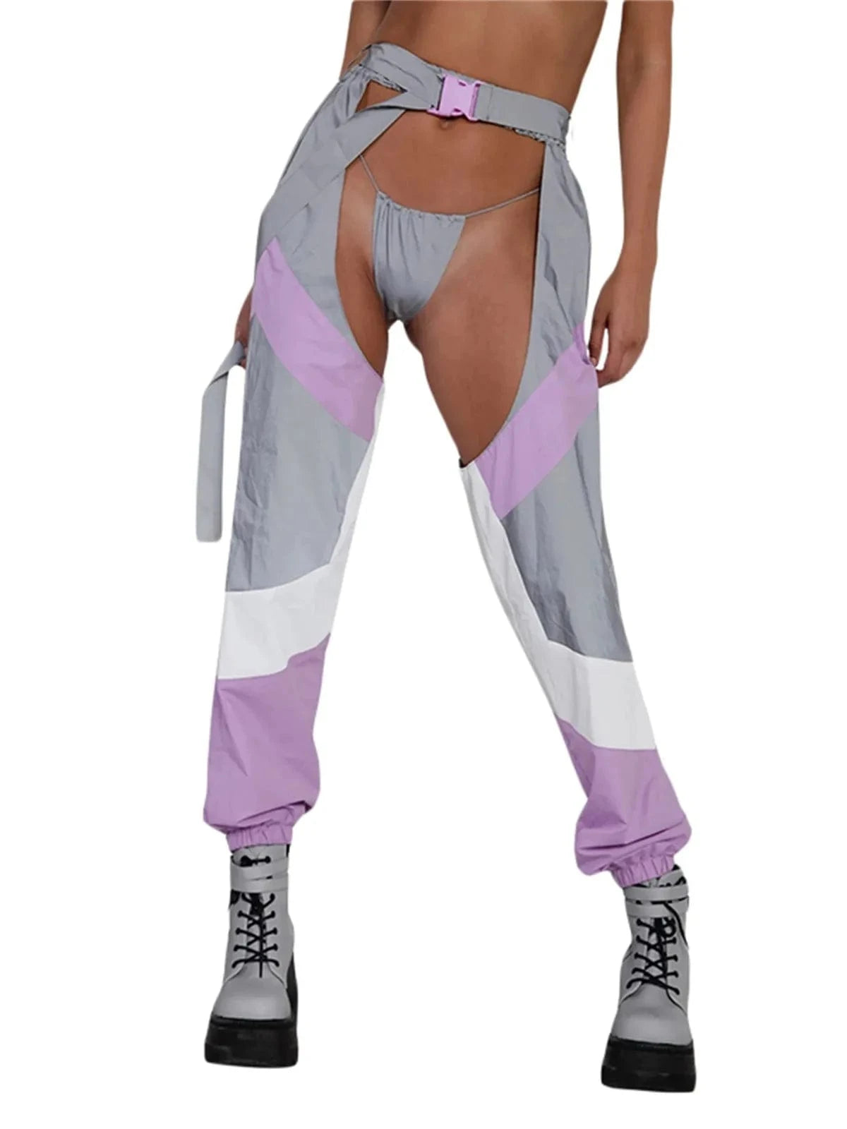 hirigin Women Buckles Bottomless Pants High Waist Cargo Trousers Crothchless Color Block Boggy Trousers Long Rave Legging