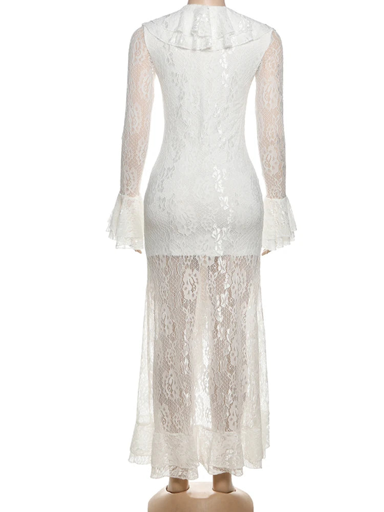 Cutenew Lace Stacked Women Maxi Dresses Romantic French Full Sleeve Ruffle Neck Split Bodycon Female Sexy Sheer Trend Vestidos