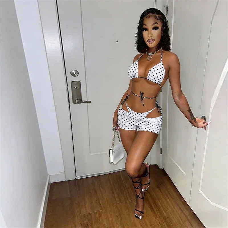Polka Dot Lace Up Bikini Set with Briefs for Women