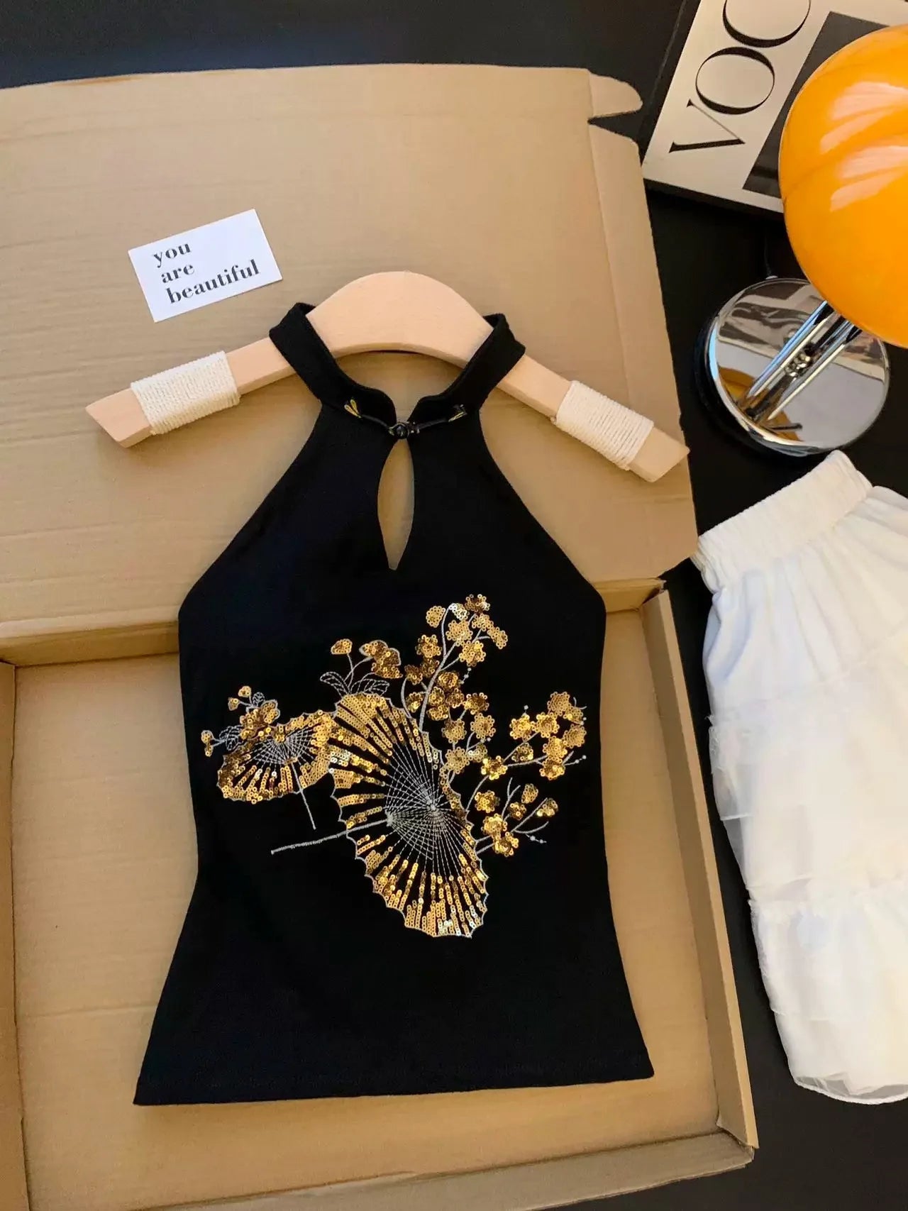 Vintage Sequin Embroidered Backless Camisole For Women