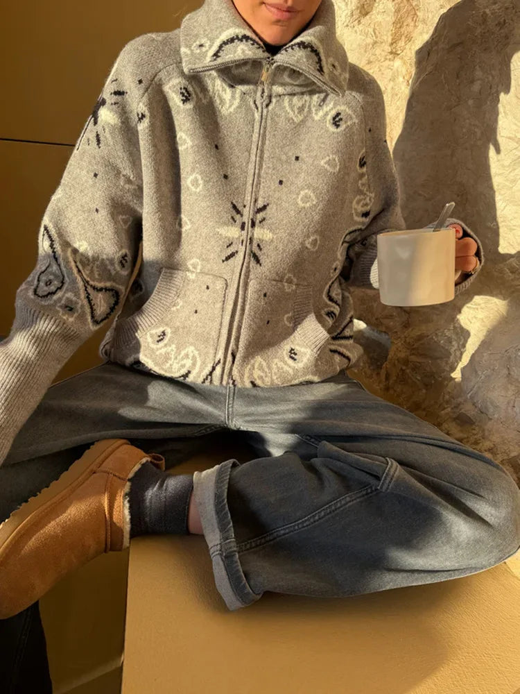 Loose Jacquard Cardigan With Stand Collar And Zipper Pockets For Women
