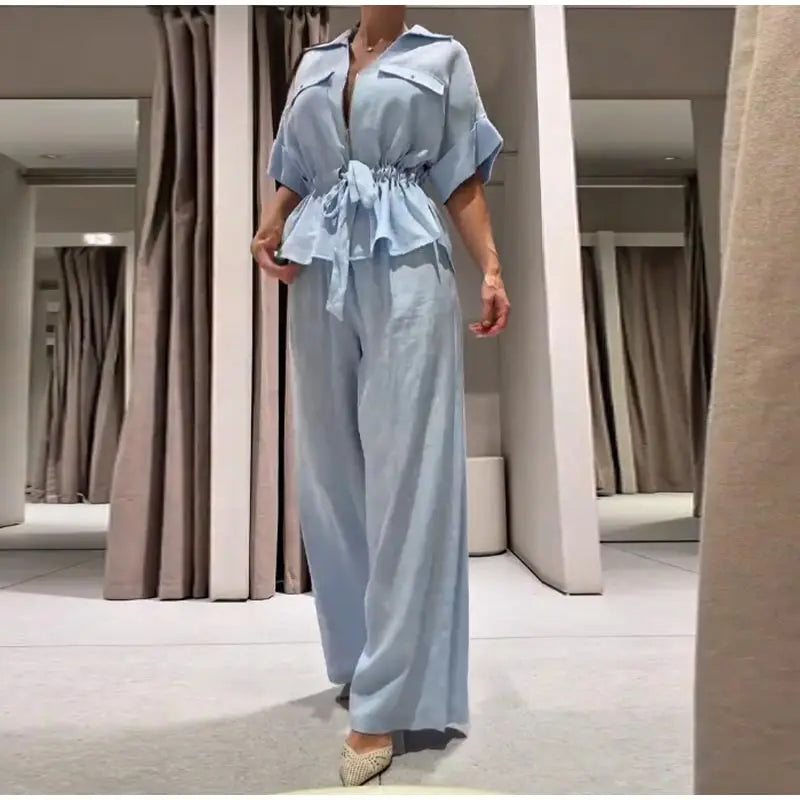 Casual Solid Chic Coat And Wide Leg Trouser Set for Women