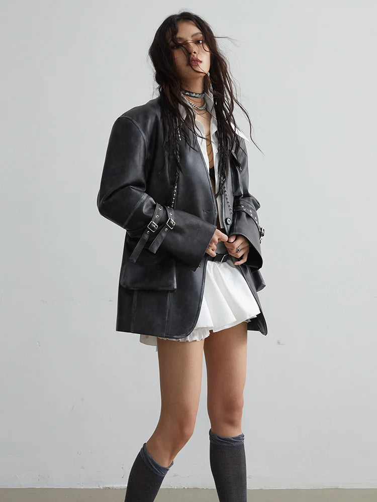 Loose Fit Black Faux Leather Jacket With Pockets for Women