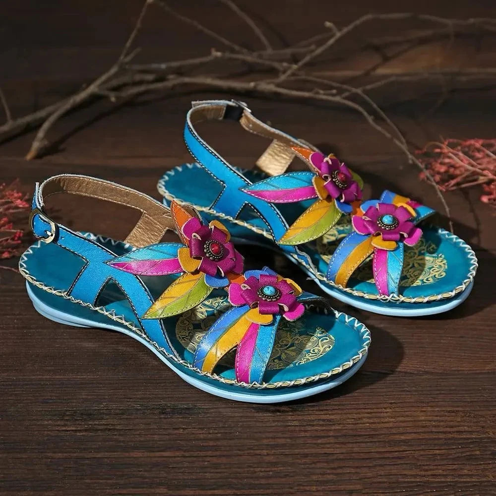 Retro Handmade Leather Wedge Sandals With Mixed Colors for Women