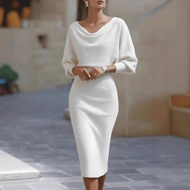 Office Lady Solid High Waist Slim Hips Dress 2026 Spring Sexy O Neck Zipper Slit Party Dresses Autumn Batwing Sleeve Woman Dress
