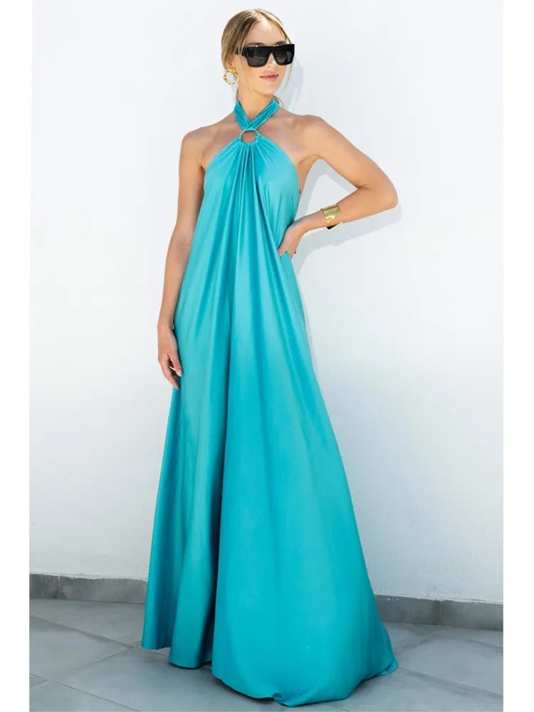 Backless Halter Neck Satin Evening Dress for Women