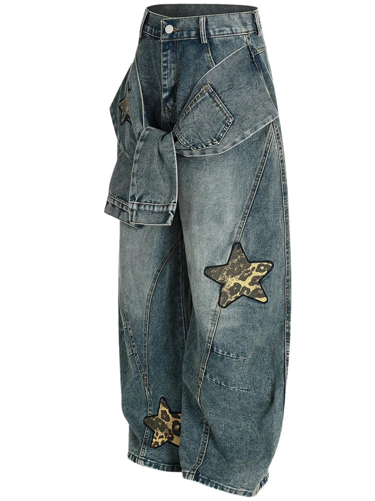 Vintage Washed Wide Leg Hip Hop Denim Jeans for Women
