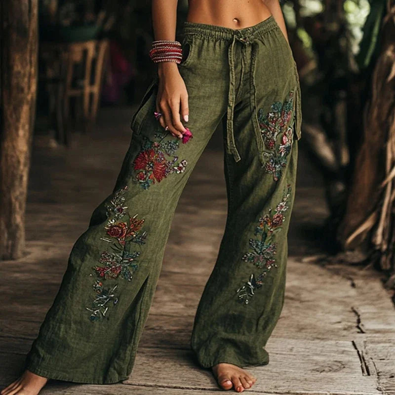 Vintage Women Casual Loose Print Wide Leg Pants Ethnic Print Bohemian Long Pants Women Fashion High Waist Solid Long Trousers