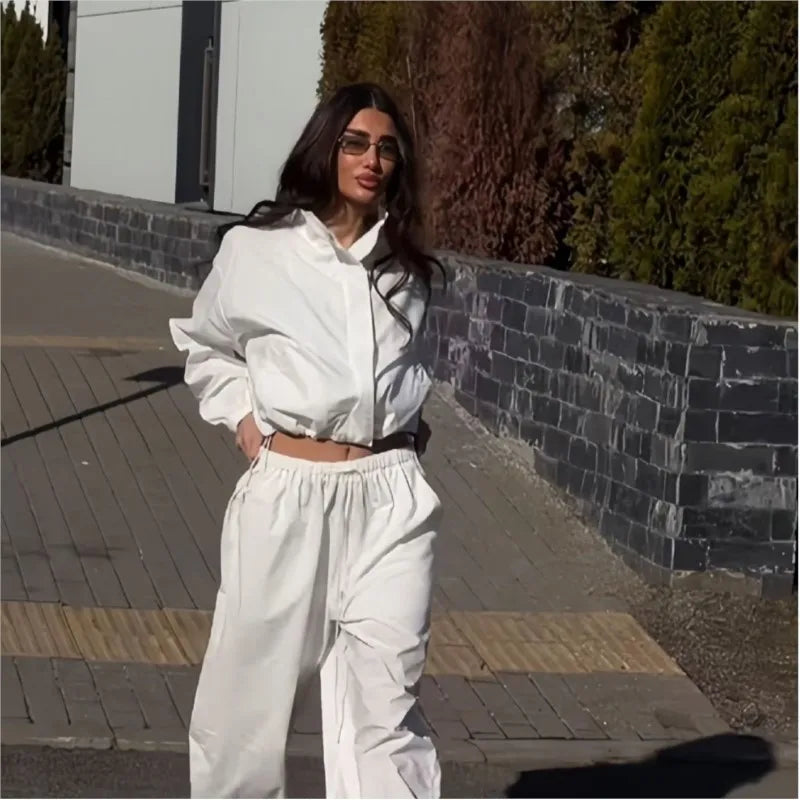 Lace Up Stand Collar Wide Leg Two Piece Set for Women