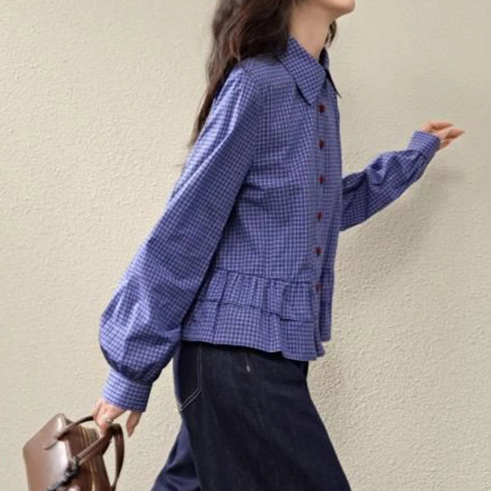 Blue Checkered Ruffle Trim Blouse With Turn Down Collar for Women