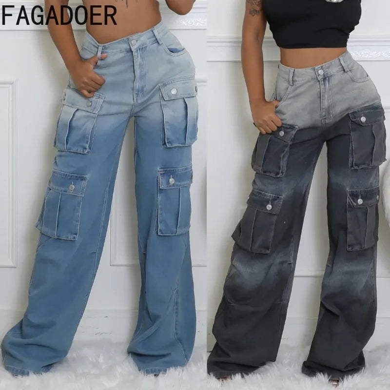 FAGADOER Fashion Gradient Denim Wide Leg Pants Women Summer New Cargo Pocket Patchwork Pants Female Streetwear Bottoms 2025
