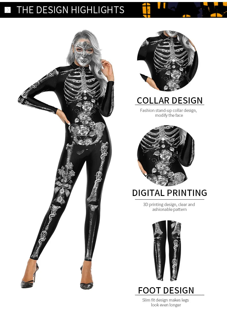 Floral Skull Halloween Skeleton Print Bodysuit for Women