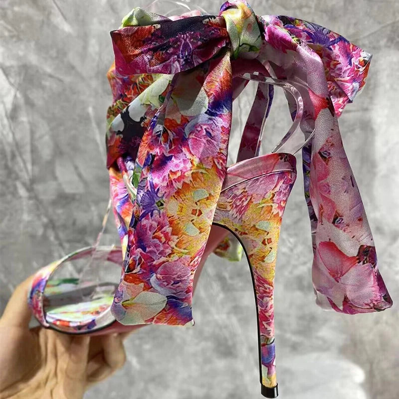 Printed Satin Ankle Strap Heels