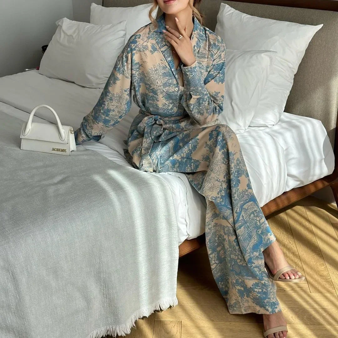 Elegant Print Two Piece Set With Long Sleeve Shirt And Wide Leg Pants for Women