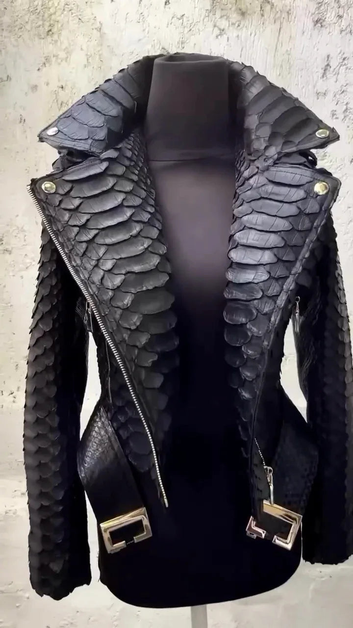 Black Faux Snakeskin PU Leather Zipper Jacket for Women