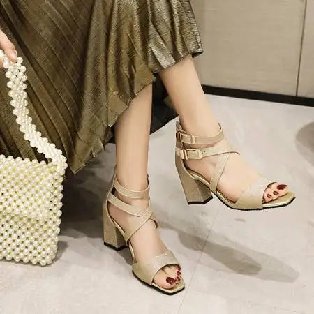 Square Heel Buckle Cross Strap Sandals