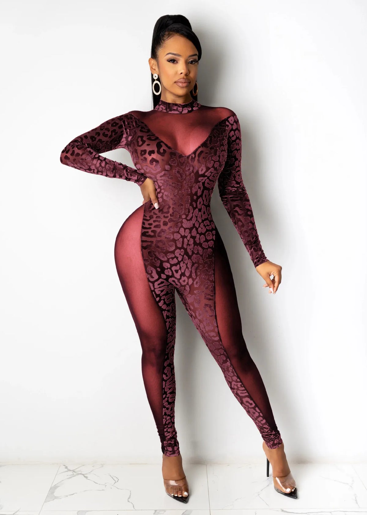 Sheer Leopard Mesh Jumpsuit With Long Sleeves for Women