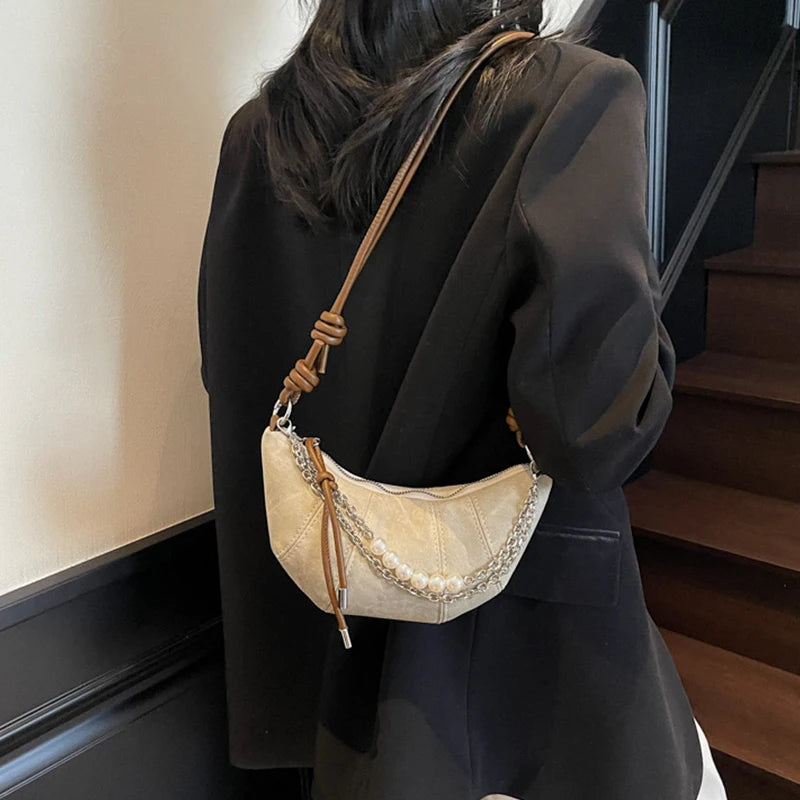 Retro Denim Dumpling Bag Creative Horn Design Pearl Pendant Messenger Bag Brand High-grade Leather Ladies Versatile Shoulder Bag