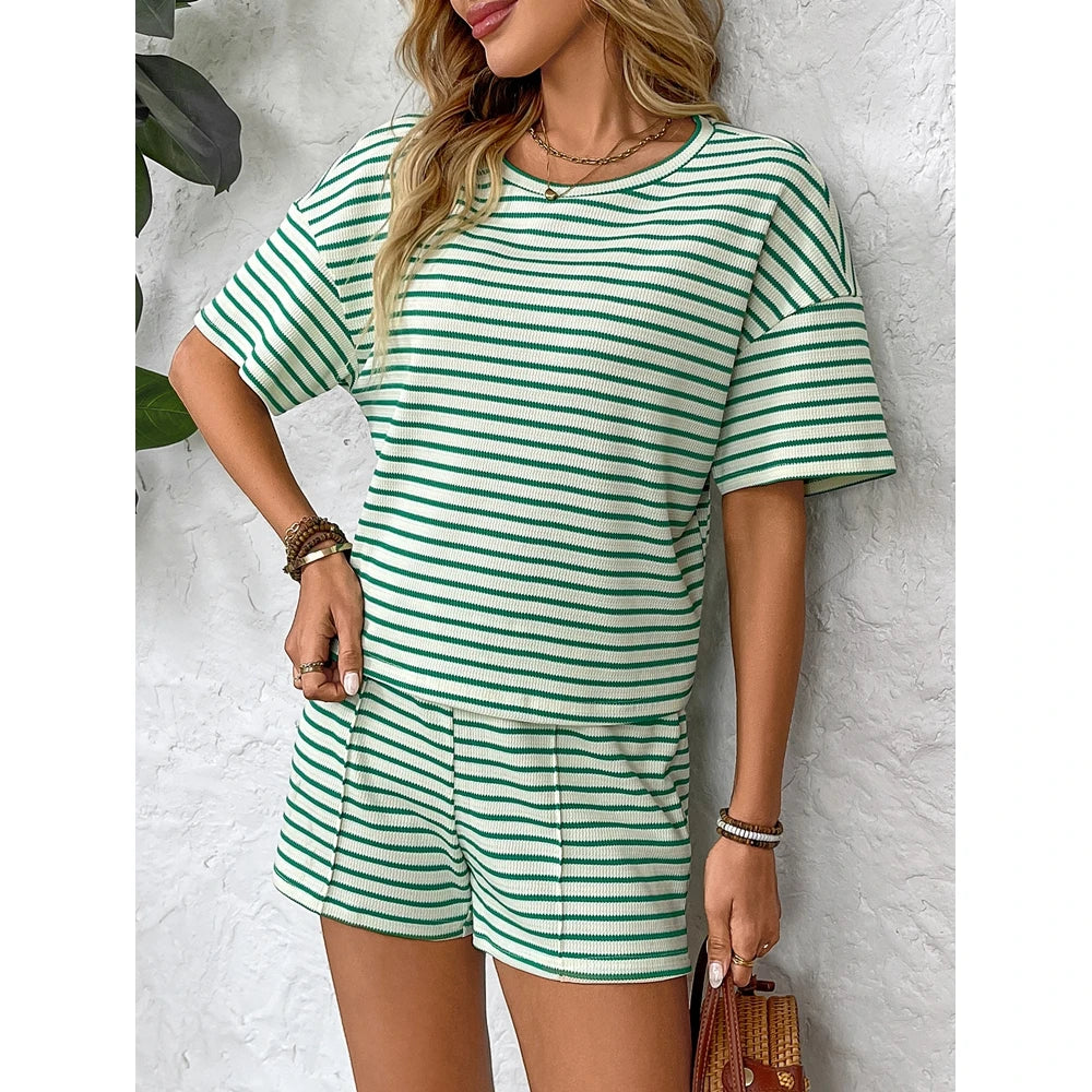 Women Striped 2 Pieces Set Fashion Short Sleeve T Shirt Top and Elastic Waist Shorts Set Summer Outfits Home Wear 2025
