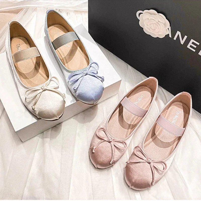 Round Toe Bow Satin Mary Jane Ballet Flats for Women