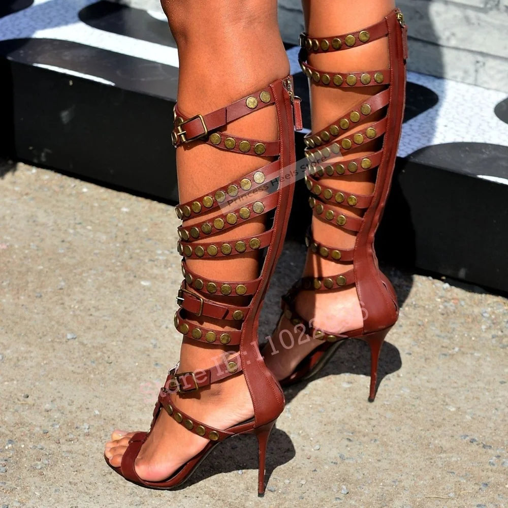 Rivet Buckle Straps Open Toe Hollow Cut Cross Tied Zipper Sandals for Women