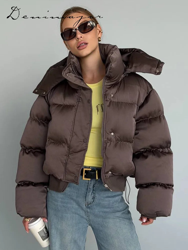 Detachable Hood Cropped Padded Winter Jacket for Women