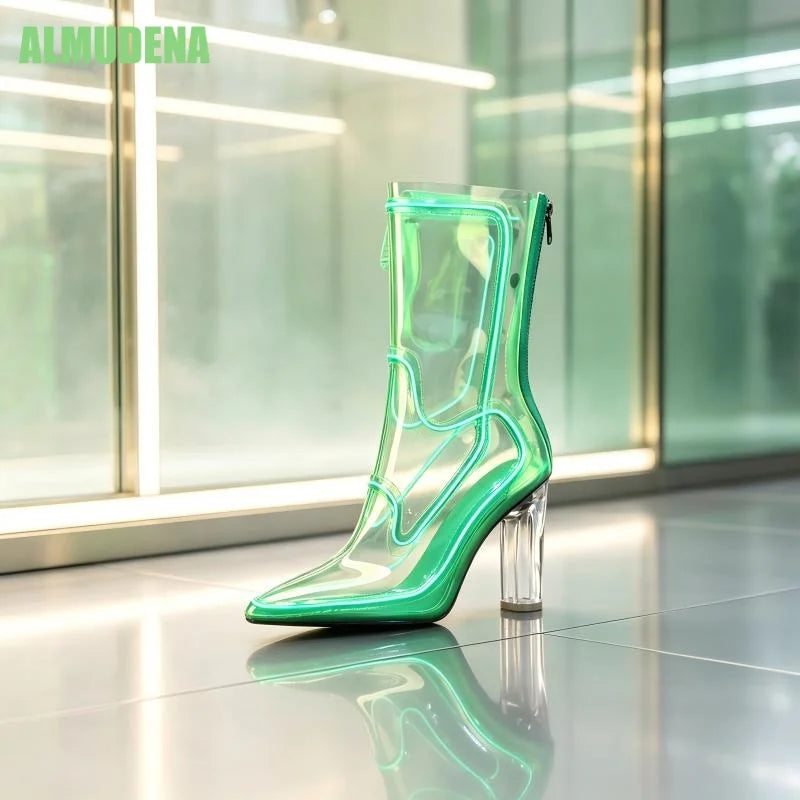 Pointed Toe Transparent Chunky Heel Ankle Boots for Women