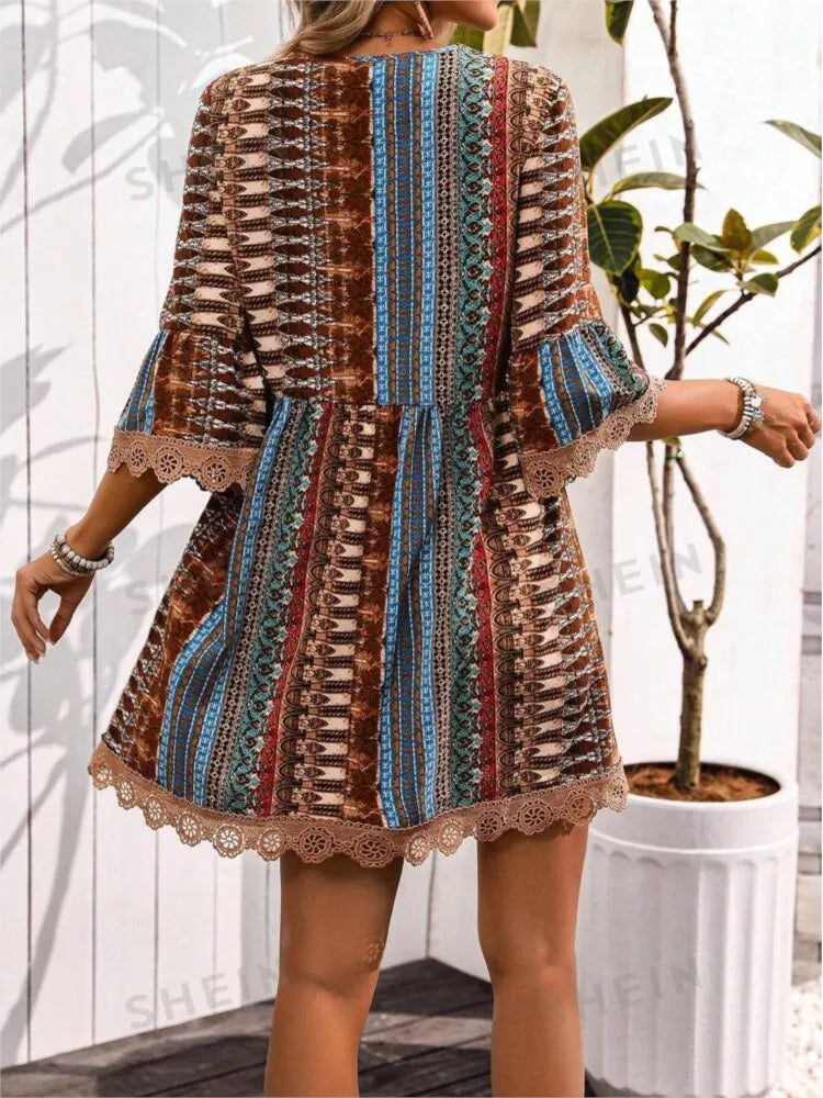 Vintage Floral Print V Neck Long Sleeve Dress For Women